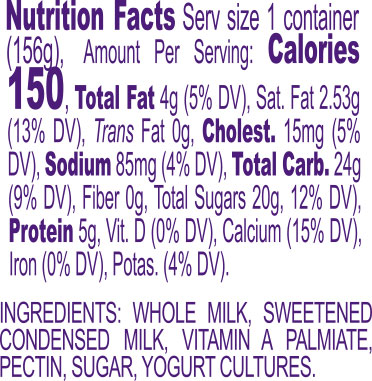 Nutrition facts label for Baba Yogurt